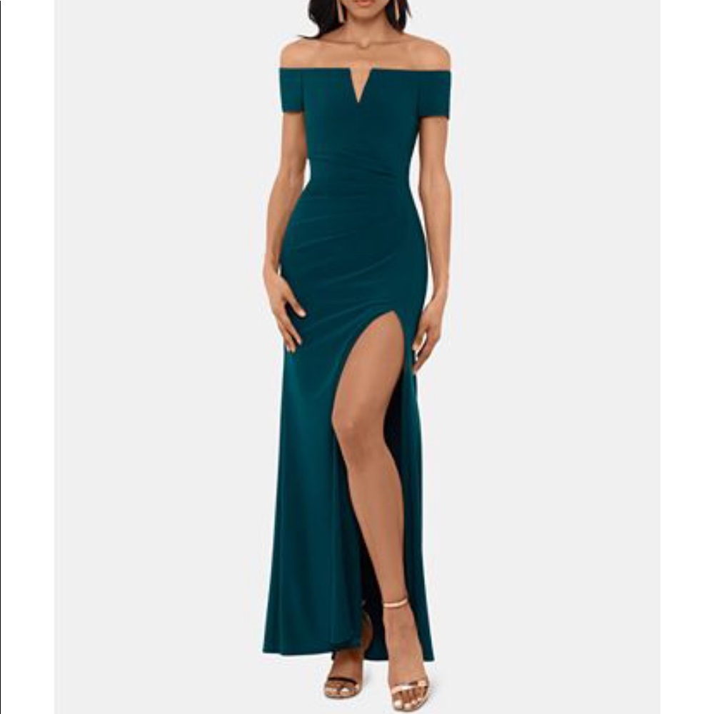 Macy’s Xscape Off-the-Shoulder Emerald Green Gown